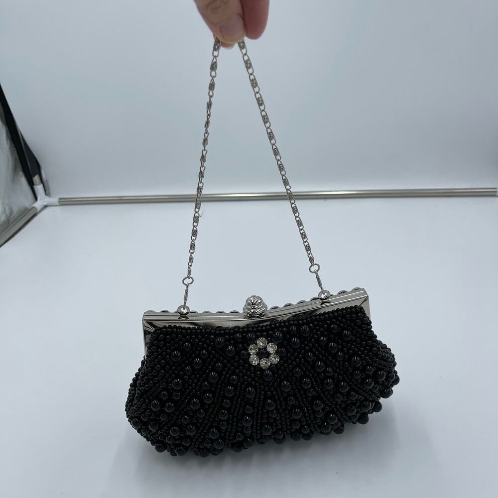 Retro Black Floral Embellished Large Beading Evening Clutch - Picture 1 of 5